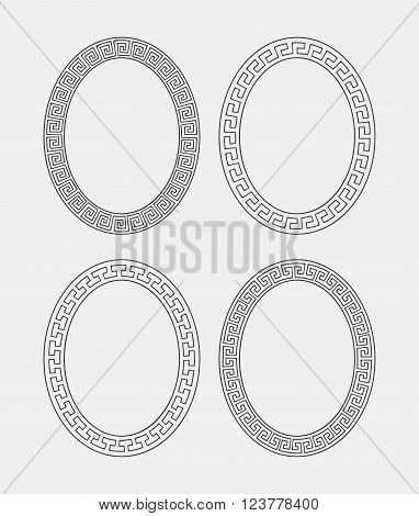 Vector set of four oval meander frames. Greek hand drawn border for banner, card, invitation, postcard, label, poster, emblem and other design elements. Vector isolated illustration.