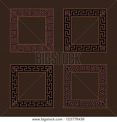 Vector set of four square meander frames. Greek hand drawn border for banner, card, invitation, postcard, label, poster, emblem and other design elements. Vector isolated illustration