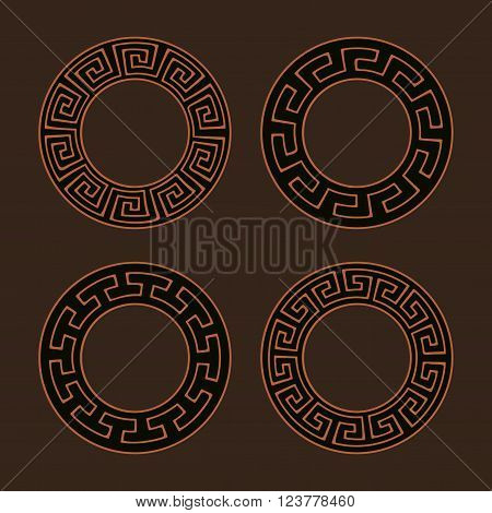 Vector set of four round meander frames. Greek hand drawn border for banner, card, invitation, postcard, label, poster, emblem and other design elements. Vector isolated illustration.