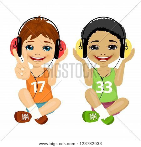 caucasian and african american teenager boys sitting together on floor listening music with headphones isolated on white background