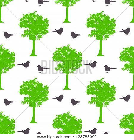 Seamless spring pattern with maple trees and birds on a white background