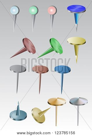 Set of colorful metal drawing pins and thumbtacks - 3D