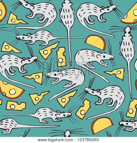 Seamless Vector Pattern with White Rats and Cheese on a Turquoise Background