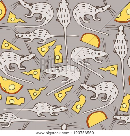 Seamless Vector Pattern with Gray Mice and Cheese on a Gray Background