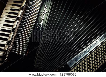 Cacak Serbia - March 23 2016: Famous Italian accordion Mariano Dallape & Figlio model Supermaestro year of production 1964.