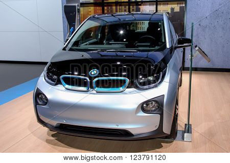 NEW YORK - March 23: A BMW i3 exhibit at the 2016 New York International Auto Show during Press day,  public show is running from March 25th through April 3, 2016 in New York, NY.