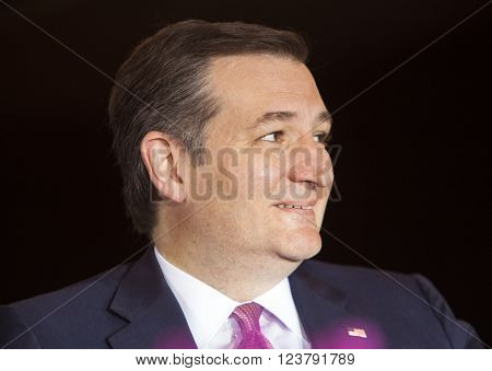 MADISON WI/USA - March 30 2016: Republican presidential candidate Ted Cruz speaks to a group of supporters during a rally before the Wisconsin presidential primary in Madison Wisconsin.