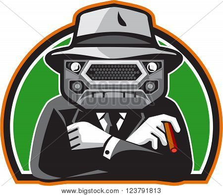 Illustration of an angry mobster with car grille grill face wearing hat tie and suit arms folded facing front set inside half circle done in retro style.