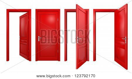 Collection of isolated red doors, 3D render