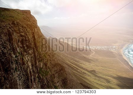 Top view on Famara coastline on the northern part of Lanzarote island in Spain