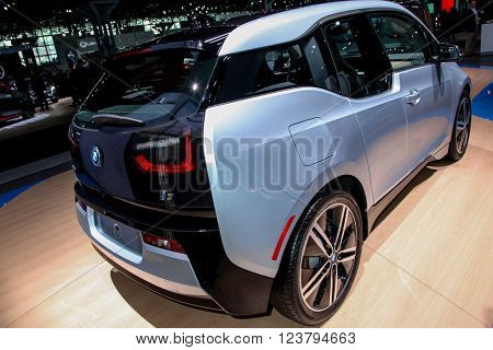 NEW YORK - March 23: A BMW i3 exhibit at the 2016 New York International Auto Show during Press day,  public show is running from March 25th through April 3, 2016 in New York, NY.