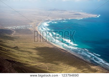 Top view on Famara coastline on the northern part of Lanzarote island in Spain