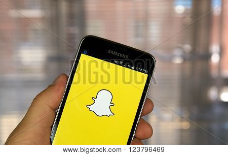 MONTREAL CANADA - MARCH 20 2016 - Snapchat application on android smartphone. Snapchat is a mobile messaging application used to share photos videos text and drawings.
