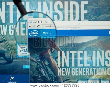MONTREAL CANADA - MARCH 25 2016 - Intel internet page under magnifying glass. Intel Corporation is an American multinational technology company.