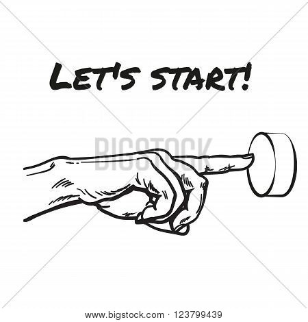 The finger presses the red button. Hand sketch style. Concept beginning. Button press. Run business. Vector hand. Charset value start. Startup. Hand-drawn illustration