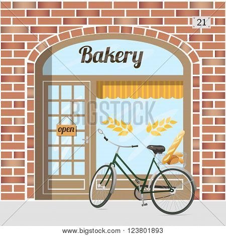 Bakery shop building facade of red brick . Bicycle with bread in basket. EPS 10 vector.