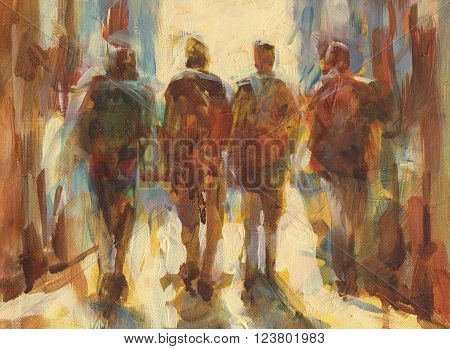 Walking people handmade oil painting on canvas