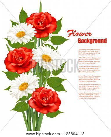 Flower Background With White Daisy and Red Roses. Vector illustration 