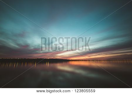 Dramatic sunset over Volga River in Ulyanovsk
