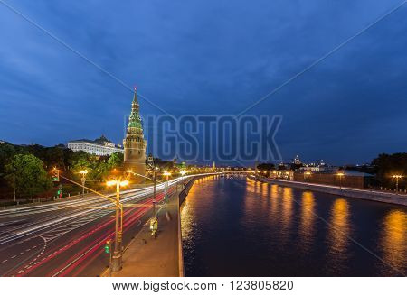 View of the Moscow Kremlin along the quay of the Moscow river