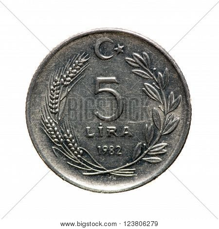metal coins five lire Turkey isolated on white background .revers