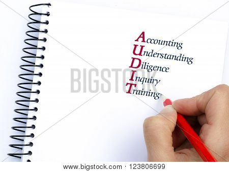 Acronym AUDIT as Accounting Understanding Diligence Inquiry Training. Hand writing with pencil isolated on white. Conceptual image