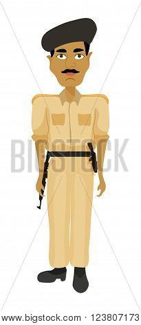 Indian police man in a brown uniform bronzed cartoon in the service of the state