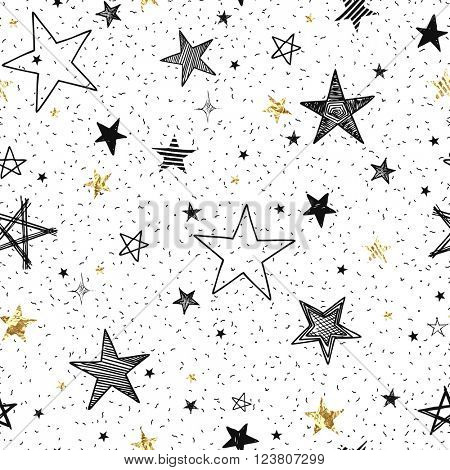 Seamless pattern with hand-drawn stars and golden foil stars, abstraction vector illustration on white background.