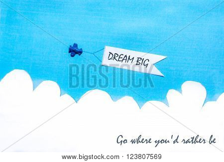 Plane pulling a white banner on blue sky. Clouds. Concept.