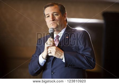MADISON WI/USA - March 30 2016: Republican presidential candidate Ted Cruz speaks to a group of supporters during a rally before the Wisconsin presidential primary in Madison Wisconsin.