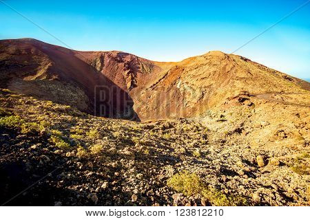 Volcanic landscape in Tmanfaya national park on Lanzarote island in Spain