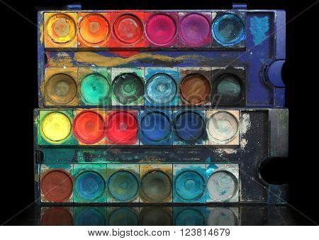 Closeup of messy, used water-color paintbox