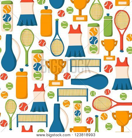 Seamless background with cartoon tennis objects: court tennis racket cup bottle ball. Tennis championship concept