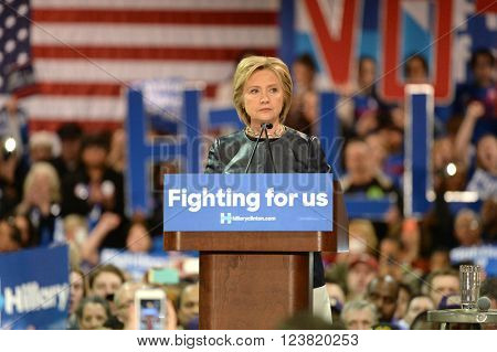 Saint Louis, MO, USA - March 12, 2016: Democratic presidential candidate and former Secretary of State Hillary Clinton campaigns at Carpenters Training Center in St. Louis.