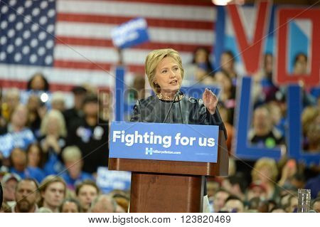 Saint Louis, MO, USA - March 12, 2016: Democratic presidential candidate and former Secretary of State Hillary Clinton campaigns at Carpenters Training Center in St. Louis.
