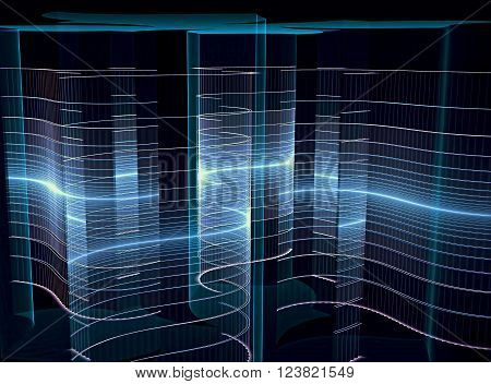 Abstract tech or business background - computer-generated blue image. Fractal artwork - textured striped surface with light effects. Trendy background with glowing stripes