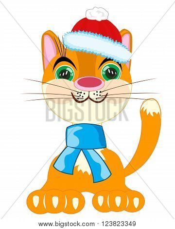 Orange cat in red hat and scarf on white background.