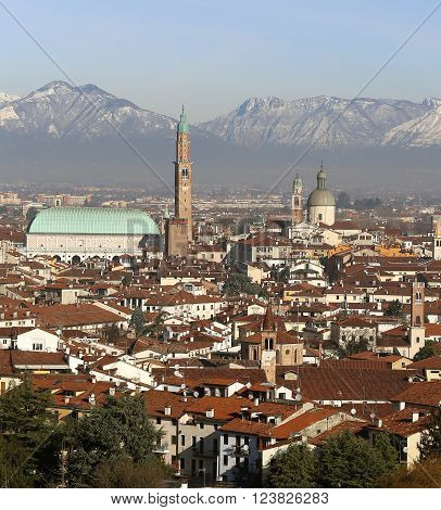 Vicenza, Italy, Panorama Of The City With Basilica Palladiana And The Dome Of Saint Stephan Church