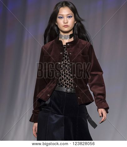 New York City USA - February 13 2016: Wangy Xin Yu walks the runway during the Jill Stuart Women's show as a part of Fall 2016 New York Fashion Week