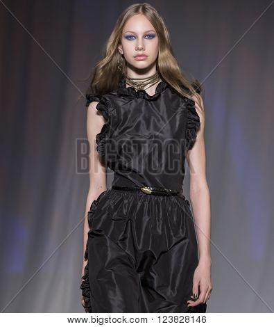 New York City USA - February 13 2016: Olivia Mink walks the runway during the Jill Stuart Women's show as a part of Fall 2016 New York Fashion Week