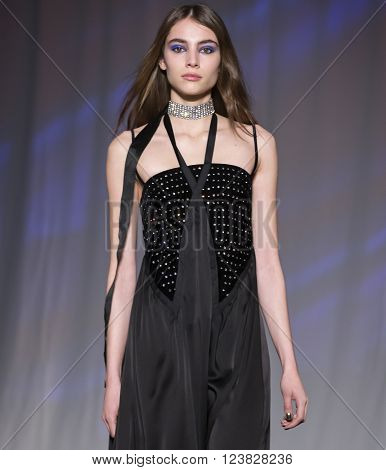 New York City USA - February 13 2016: Romy Schonberger walks the runway during the Jill Stuart Women's show as a part of Fall 2016 New York Fashion Week