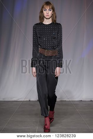 New York City, USA - February 13, 2016: Teddy Quinlivan walks the runway during the Jill Stuart Women's show as a part of Fall 2016 New York Fashion Week