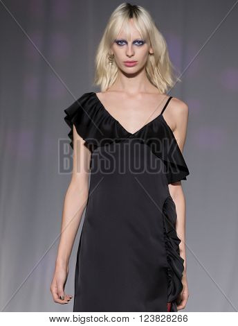 New York City USA - February 13 2016: Lili Sumner walks the runway during the Jill Stuart Women's show as a part of Fall 2016 New York Fashion Week