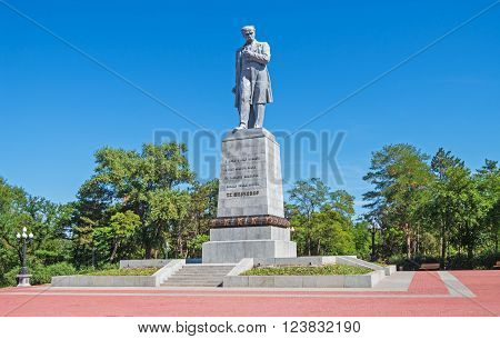 Dnepropetrovsk Ukraine - August 22 2015: Taras Shevchenko monument Ukrainian poet writer public and political figure as well as folklorist and ethnographer known for as a painter and an illustrator