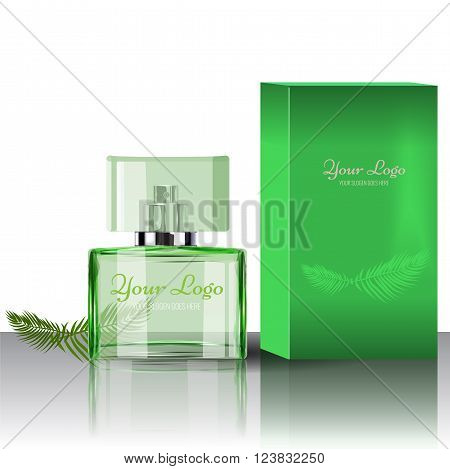 Realistic Perfume Bottle to Use in Beauty, cosmetics, fashion Infographics and Drawings or catalogue. Transparent bottle with box. Illustrated vector