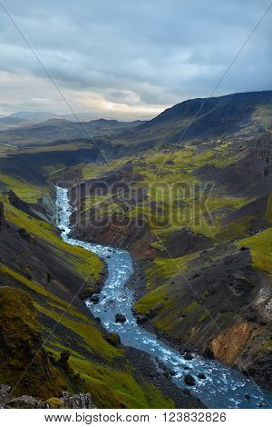 View from top of Haifoss waterfall on Iceland, overcast day