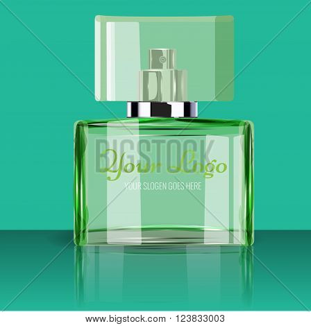 Realistic Perfume Bottle to Use in Beauty, cosmetics, fashion Infographics and Drawings or catalogue. Transparent bottle with green background. Illustrated vector