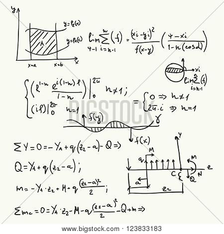 Vector pattern with mathematical formulas, calculations, graphs, proof and scientific research in the field of algebra. Paper sheet with hand-drawn characters.