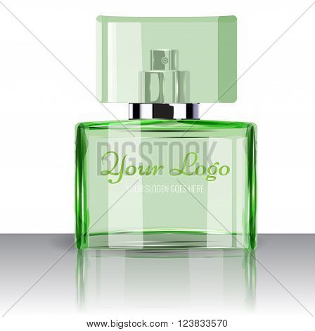 Realistic Perfume Bottle to Use in Beauty, cosmetics, fashion Infographics and Drawings or catalogue. Transparent bottle with white background. Illustrated vector