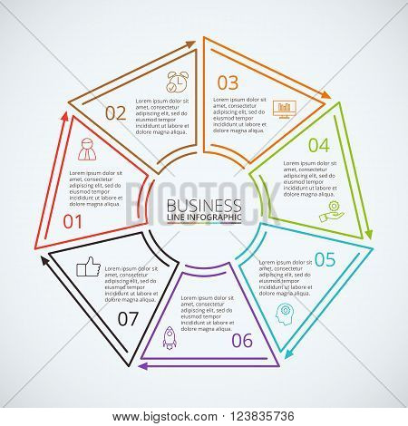 Thin line flat heptagon for infographic. Template for diagram, graph, presentation and chart. Business concept with 7 options, parts, steps or processes. Data visualization.